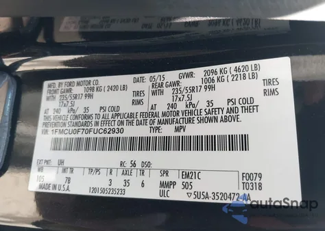 2015 Ford Escape S из США, поврежденный, VIN 1FMCU0F70FUC62930